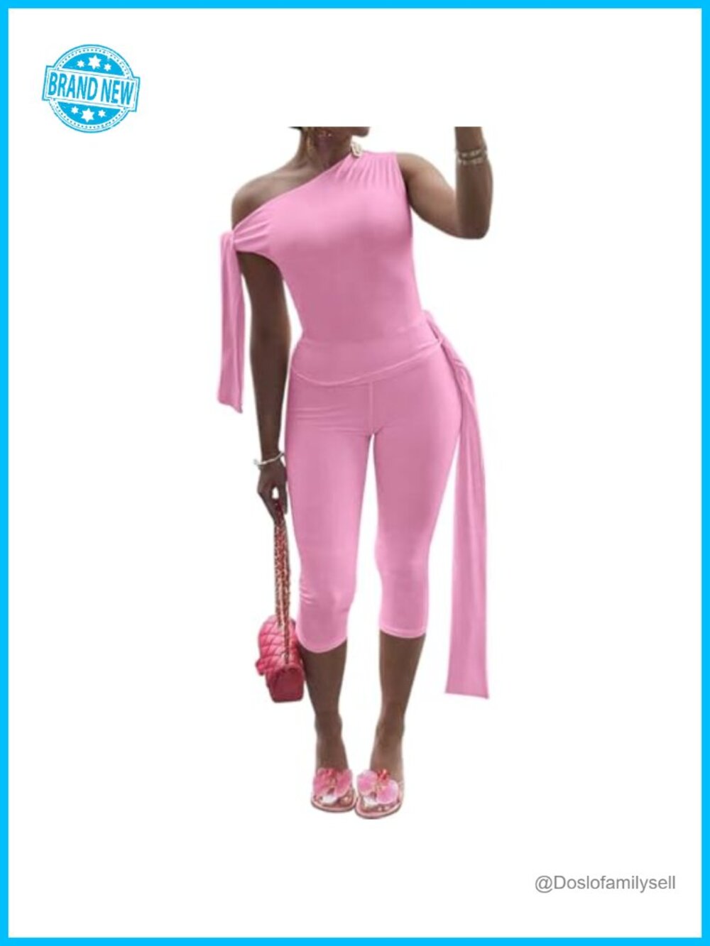 Women 2 Piece Outfit One Shoulder Crop Top Bodycon Capri Pants Set Clubwear